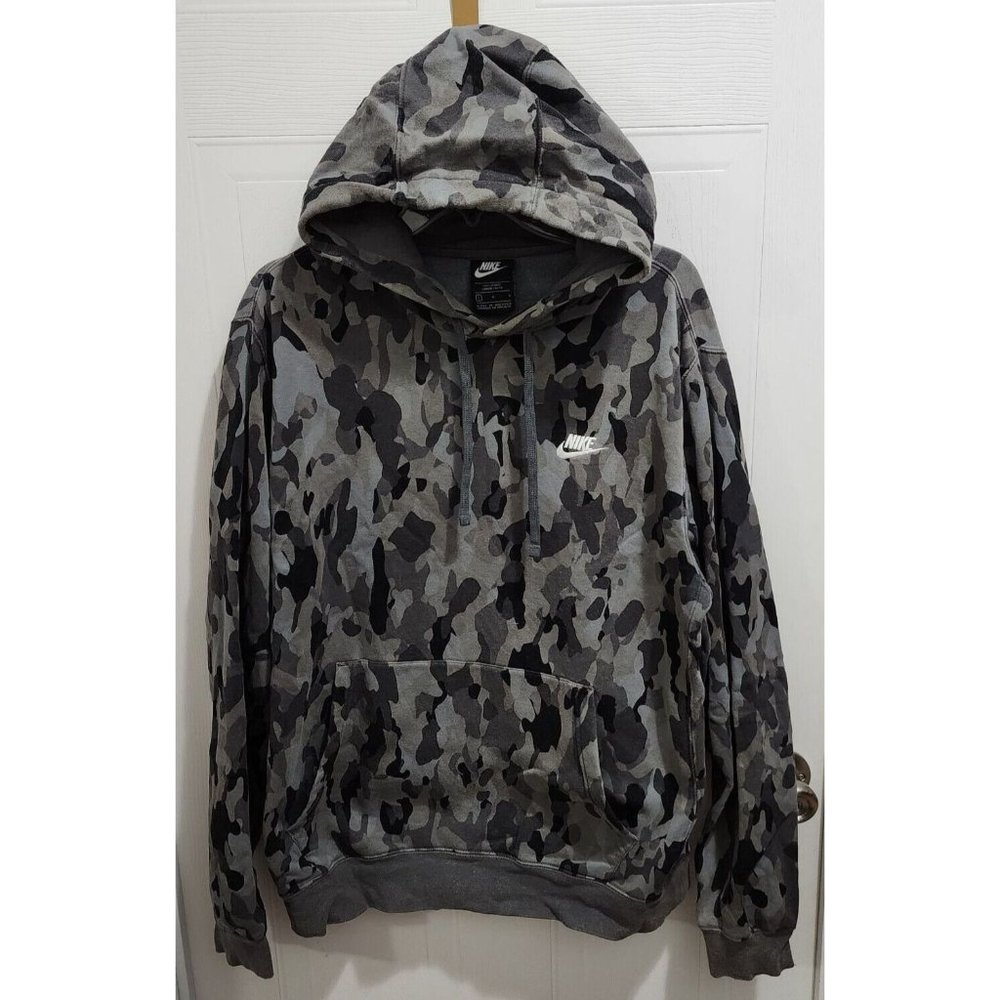 Nike Gray Camouflage Pullover Hoodie LS Sweatshirt Spellout Swoosh Size L